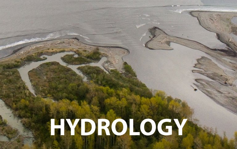 A photo of a large body of water showing sediment transport and deposition. The text 'hydrology' is super-imposed.