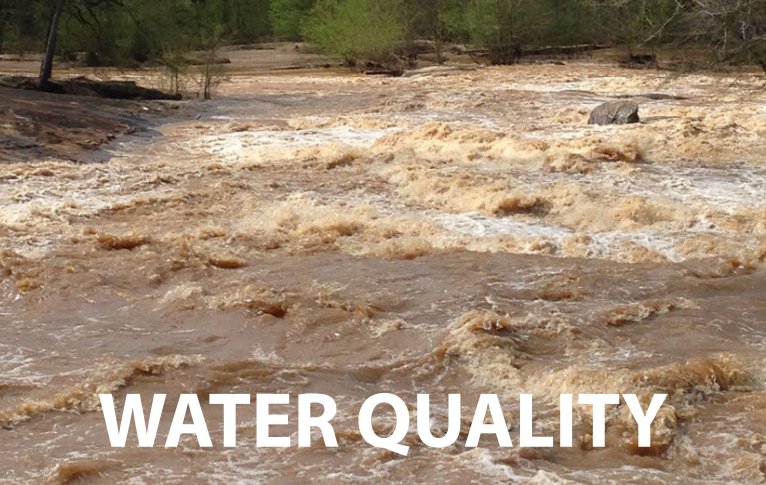 A turbulent river or stream with vegetation on the banks. The text 'water quality' is super-imposed.