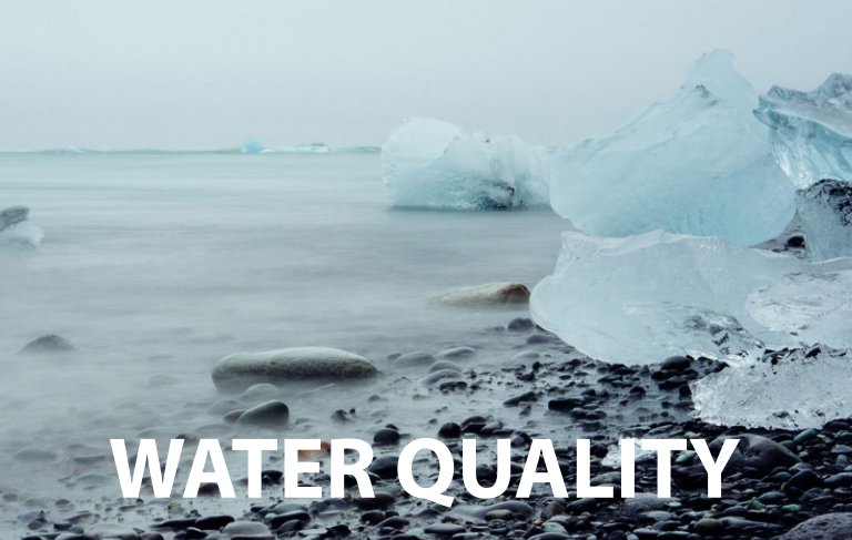 A photo a lake and shore with ice on the shore and floating on the lake. The words 'water quality' are super-imposed.